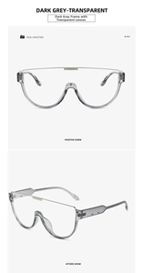Detail view of large dark grey transparent aviator frame with metallic top bar accent