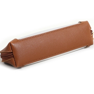 Brown high-capacity faux leather pencil case with metal zipper and litchi texture