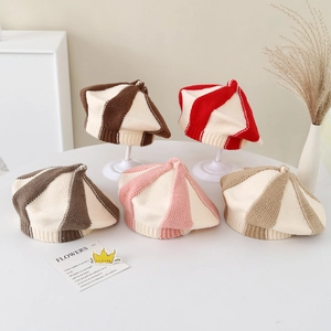 Baby striped knit beret hats in five colors with a pumpkin swirl design and top stem