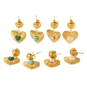 Set of four 18K gold plated stainless steel heart earrings with zircon and natural stones