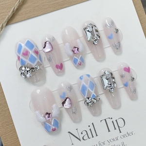 Handmade heart and angel wing press-on nails with glitter rhinestones in long coffin shape