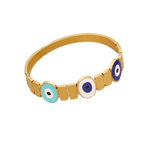 Vintage evil eye bracelet in gold finish with blue enamel and sparkling rhinestones