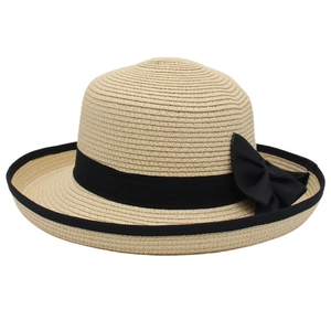 Elegant wide-brim straw hat for women with black ribbon bow and contrasting edges