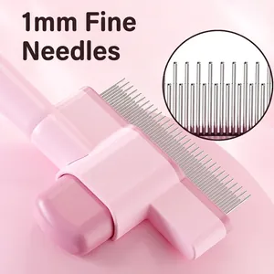 Pink pet grooming brush with 1mm fine stainless steel needles for gentle hair removal