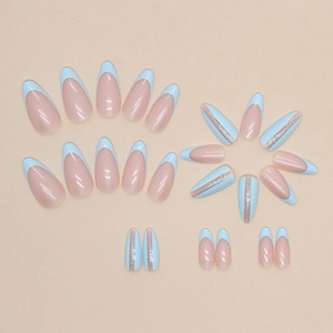 Almond fake nails in light blue French style with silver glitter lines on 24 piece set