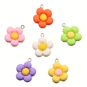 Set of 6 colorful resin flower pendants with metal rings for DIY jewelry making