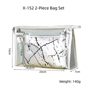 Macro shot of two-in-one waterproof PVC clear bag and marble PU cosmetic pouch set