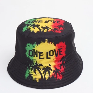 Detail of vintage 80s 90s bucket hat with One Love reggae print and palm trees