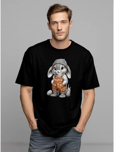 Ανδρικό μαύρο βαμβακερό T-shirt με τύπωμα κουνέλι κινουμένων σχεδίων με πορτοκαλί φόρμα