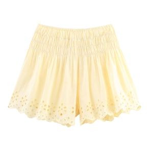 Summer yellow cotton shorts with Broderie Anglaise embroidery and elastic high waist