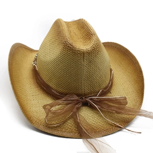 Ethnic style woven straw cowboy hat with a brown chiffon bow for beach sun protection
