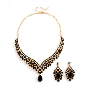 Vintage gold V-shape necklace and teardrop earrings set with black crystals