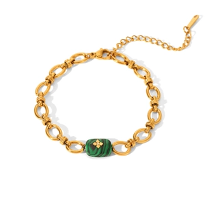 French style gold plated chunky chain bracelet with green malachite pendant and flower charm