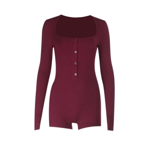 Detail view of burgundy long sleeve bodysuit with square neck and button-up front design