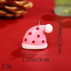 Pink resin Christmas hat pendant with red stars and white trim detailing, 2.5cm height