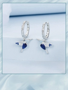 Detail of S925 sterling silver hummingbird hoop earrings with blue gemstones