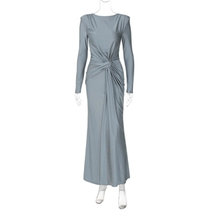 Detail of grey slim fit dress featuring an elegant twist knot waist and pleated design