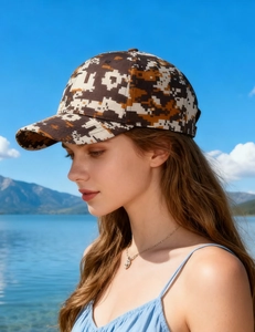 Close-up of digital camo baseball cap with pixels pattern worn by a model outdoors