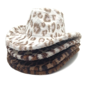 Leopard Print Faux Fur Cowboy Hat Wide Brim Plush Winter Warm Jazz Fedora For Women Stylish British Style