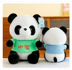 Front and back view of adorable panda plush toys wearing green and blue China T-shirts