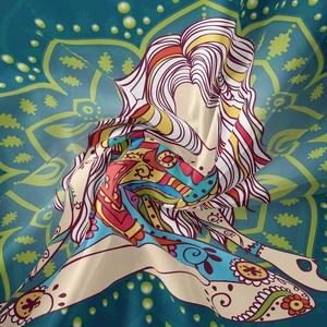 Close-up of bohemian wall tapestry showing abstract female art and rich fabric texture