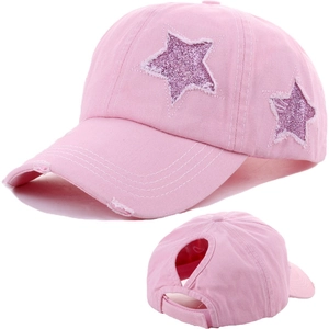 Pink baseball cap with glitter stars and distressed brim featuring a ponytail hole design