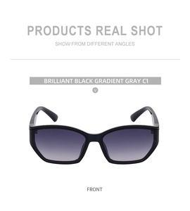 Front view of stylish black sunglasses with gradient grey lenses and polarized UV protection
