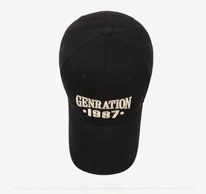 Close-up of premium 3D embroidery showing Generation 1987 on black cotton baseball cap