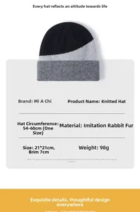 Detailed size specifications and material view of the two-tone knit beanie hat