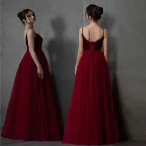 Women Evening Gown Wine Red Velvet Tulle Spaghetti Straps V Neck Backless Lace Up Formal Party Prom Ball Gown