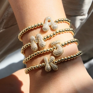 Alphabet Initial Letter Beaded Bracelet Gold Plated Copper Beads Micro Pave Cubic Zirconia Pendant Elastic Women Jewelry