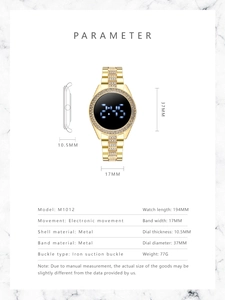 Detailed specifications of gold LED touchscreen watch with rhinestone bezel and metal strap