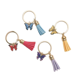 Colorful butterfly keychains with tassels in blue, red, yellow and purple, four pack set