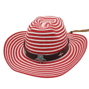 Detail of wide brim straw hat with striped pattern and star-studded leather band