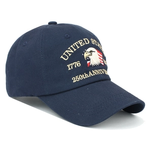 Detailed embroidery of US 250th Anniversary eagle and flag on navy cotton baseball cap