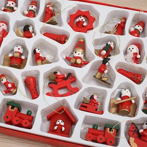 Detail of wooden Christmas ornaments set including Santa, rocking horse, and mini train