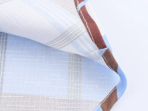 Macro detail of blue and white plaid fabric with dark brown piped edges and fine texture