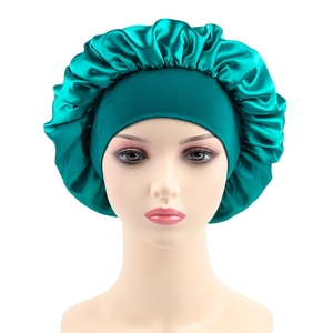 Elastic wide-band teal satin bonnet for women's hair care shown on mannequin head