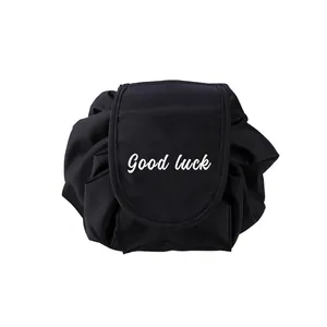 Large Capacity Drawstring Makeup Bag Portable Travel Toiletry Pouch Waterproof Oxford Cloth PU Leather Lazy Organizer