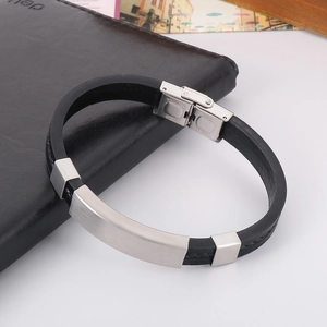 Men's minimalist braided leather bracelet with silver stainless steel curved plate