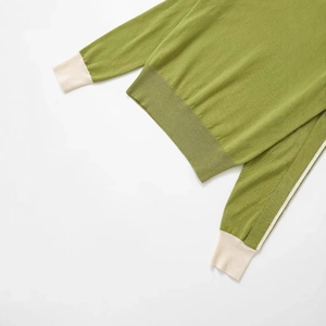 Green and cream knit sweater with ribbed cuffs and hem, casual American style top