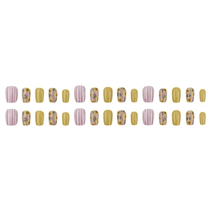 Short square press-on nails featuring sunflower patterns and yellow lavender stripes