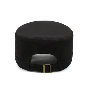 Rear view of black cotton cadet cap with adjustable bronze metal buckle on white background