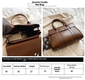 Detailed size chart showing dimensions of the large tote bag including width and strap height