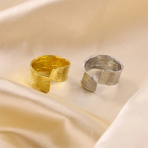 Hammered Texture Adjustable Open Ring Stainless Steel Wide Band Punk Minimalist Jewelry For Men Women