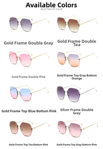 Detailed grid display of geometric rimless sunglasses in eight gradient color variations