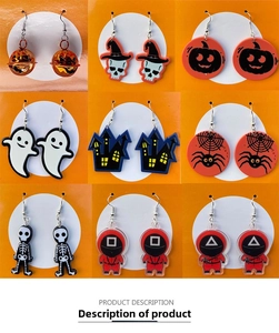Detail of diverse Halloween acrylic drop earrings featuring ghosts, pumpkins, and spooky icons