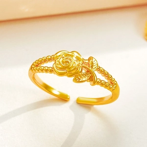 Elegant gold rose ring with double-beaded band and adjustable open design for women