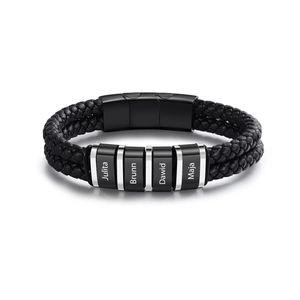 Men's double-layered black braided leather bracelet with four engravable metal beads