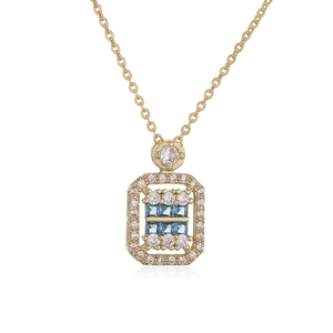 Elegant gold chain necklace with square blue and white crystal pendant for women